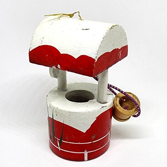 Christmas Vintage Red White Wishing Well Bucket Wood Holiday Ornament - Picture 5 of 9